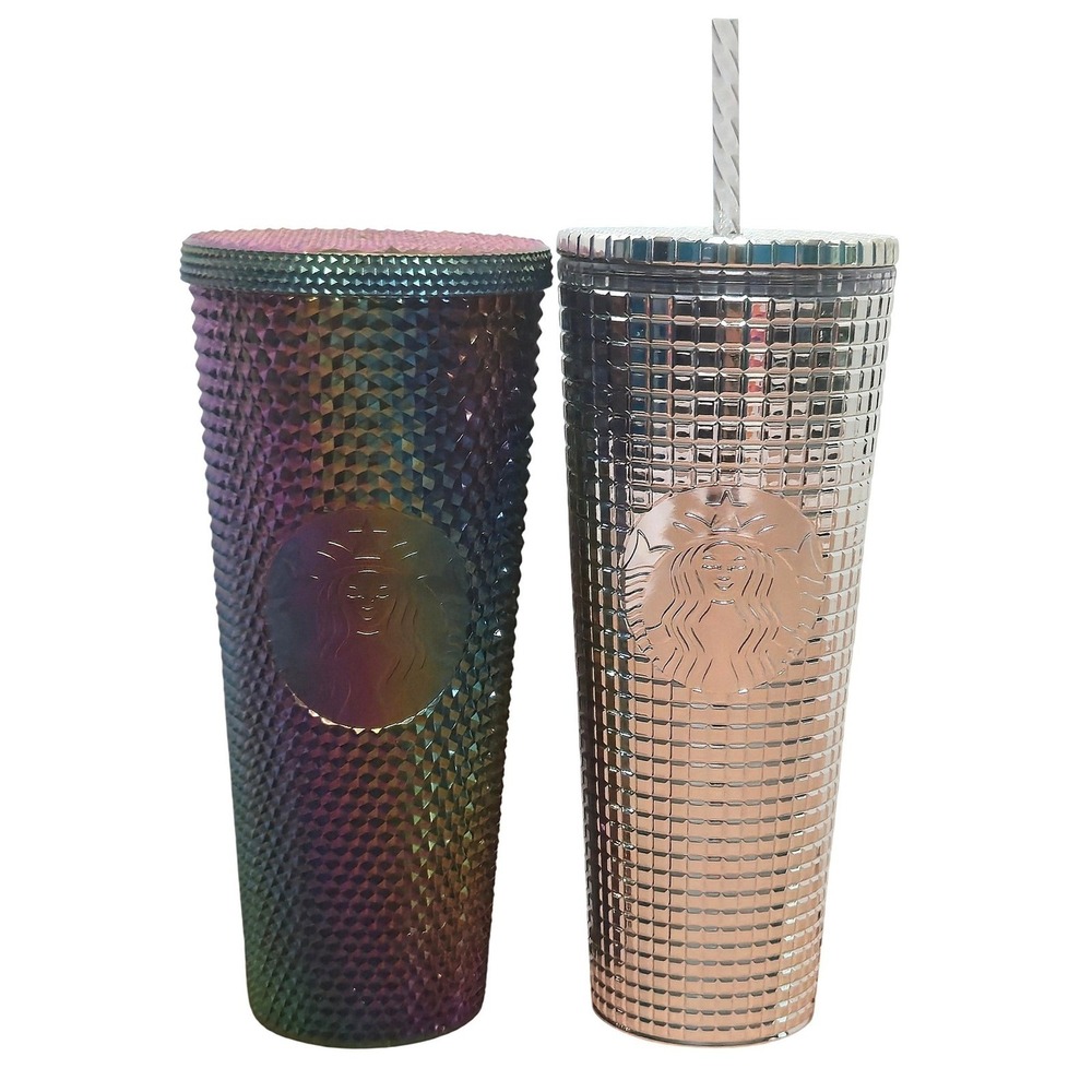 Starbucks Oil Slick Rainbow Studded & 2023 Holiday Silver Mirror Grid Tumbler